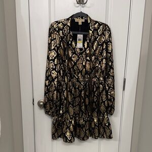 Michael Kors Black and Gold Snake Print Midi Dress